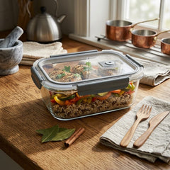 Lonchera refractaria rectangular de vidrio 800 ml con tapa hermética y cuatro cierres grises