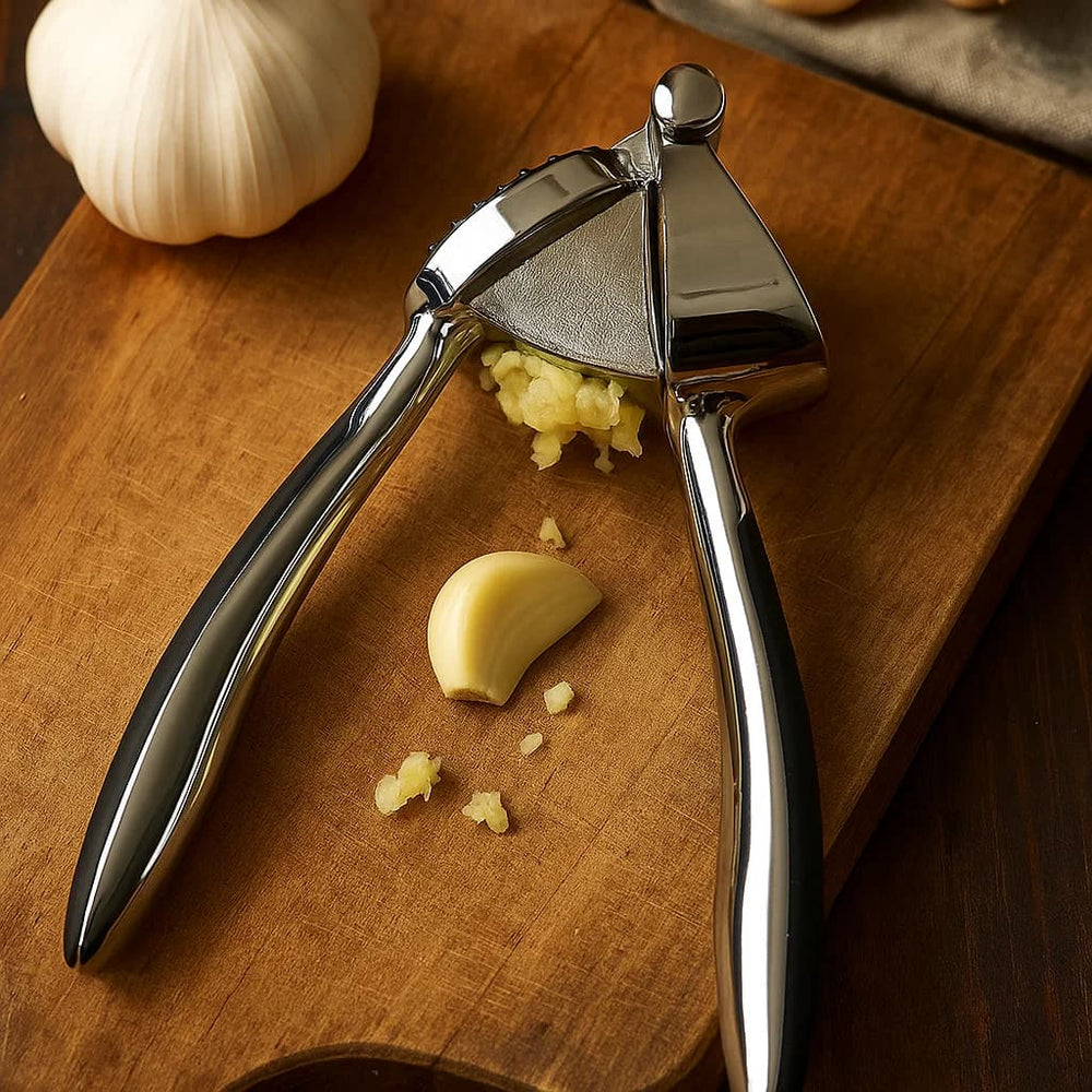 Machacador de ajo en acero inoxidable diseño ergonómico.