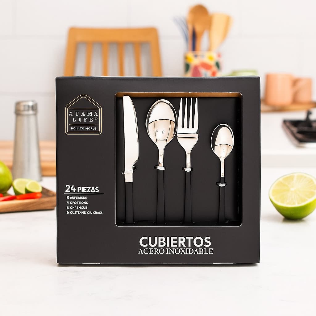 Vista frontal del juego de cubiertos Miami con mango oscuro