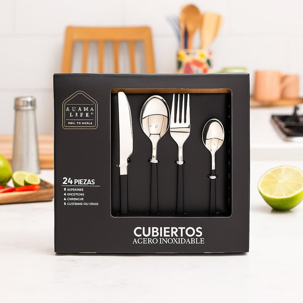 Vista frontal del juego de cubiertos Miami con mango oscuro