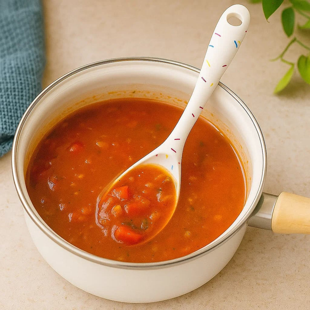 Cucharón de silicona blanca con diseño confetti multicolor