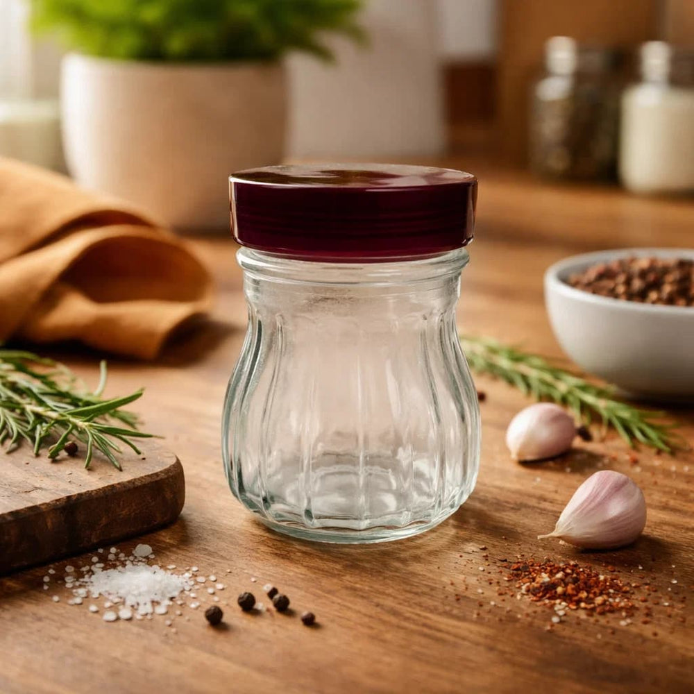 Recipiente de vidrio 1000 ml con tapa roja y diseño de líneas verticales