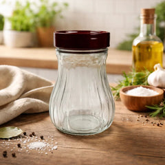 Recipiente de vidrio 1800 ml con tapa roja y diseño de líneas verticales