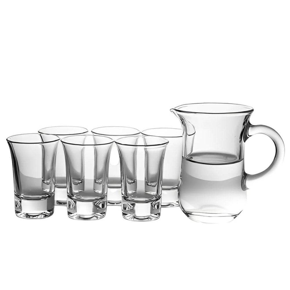Set de jarra con vasos shot de vidrio transparente