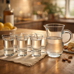 Set de jarra de vidrio 137 ml con 6 copas shot de 15 ml diseño liso transparente