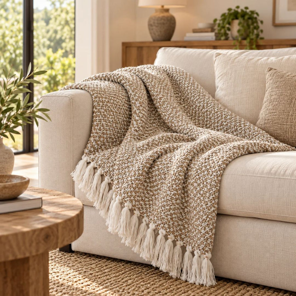 Frazada Masái 137 beige de 125 × 150 cm con tejido de algodón beige y blanco y flecos decorativos