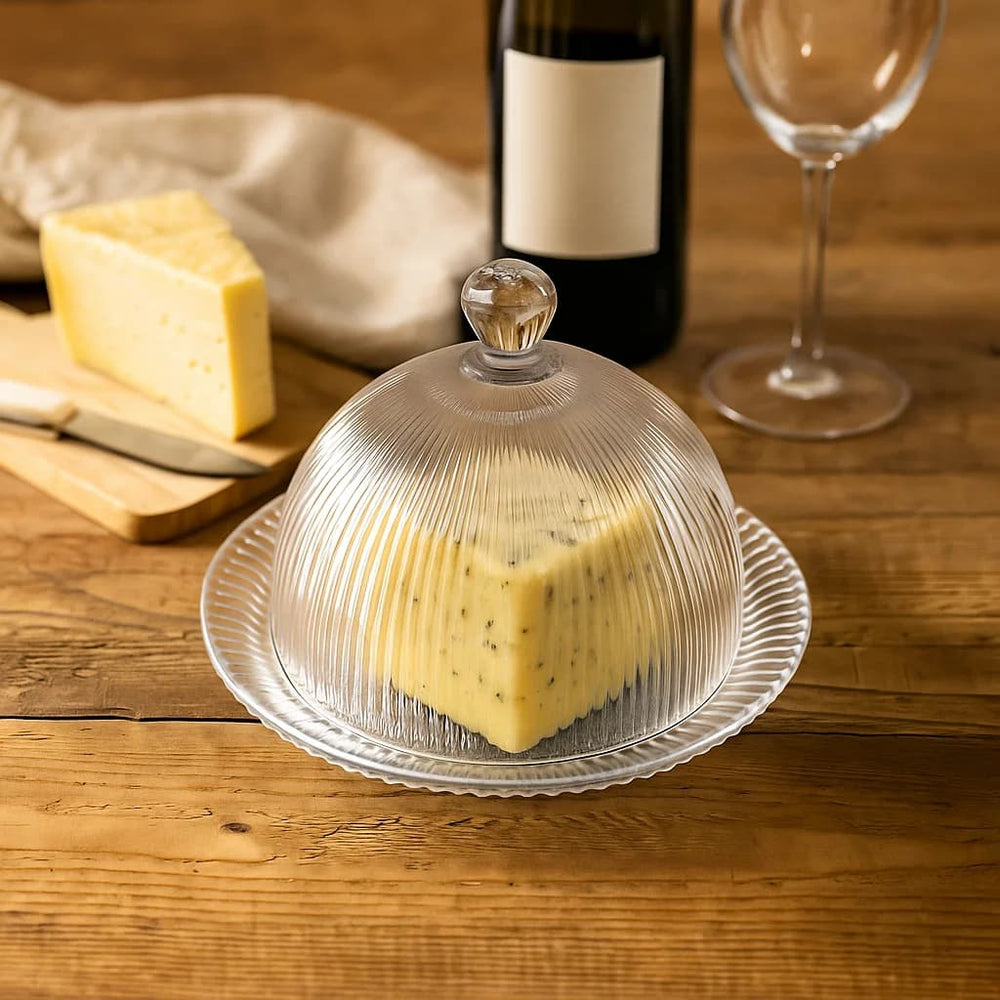 Recipiente tipo domo en vidrio con diseño de líneas verticales sobre base transparente.