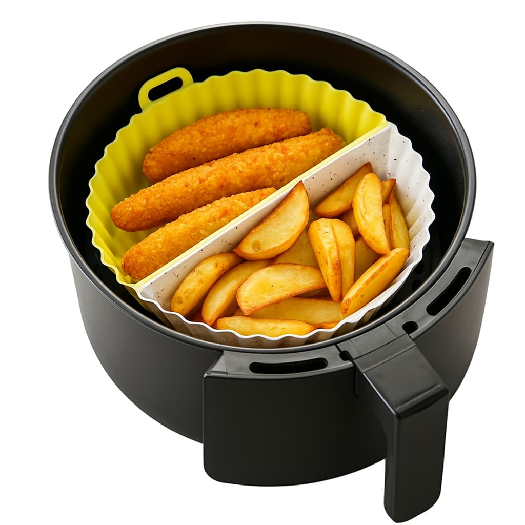 Utensilio de cocina amarillo y blanco para freír sin aceite