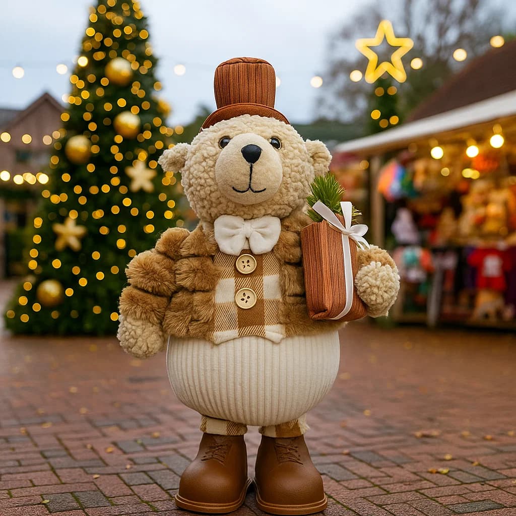 Oso navideño decorativo de pie con smoking marrón y regalo navideño