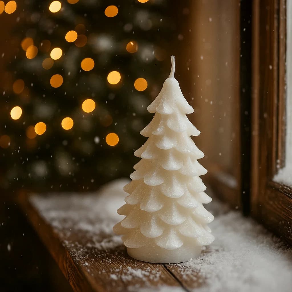 Vela árbol navideño blanca escarchada de 17 cm con pabilo visible