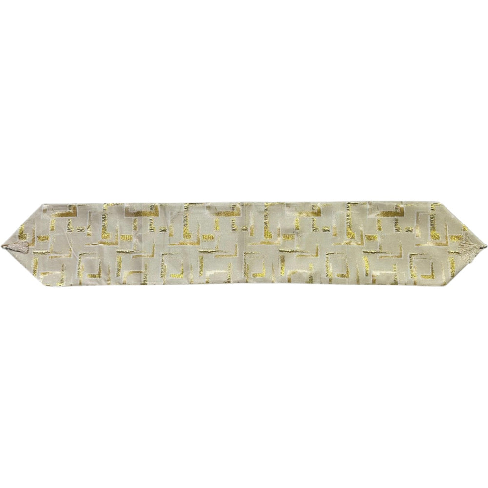 Camino de mesa beige 33×180 cm con cuadrados dorados