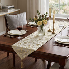Camino de mesa 33×180 cm beige con diseño geométrico de cuadrados dorados