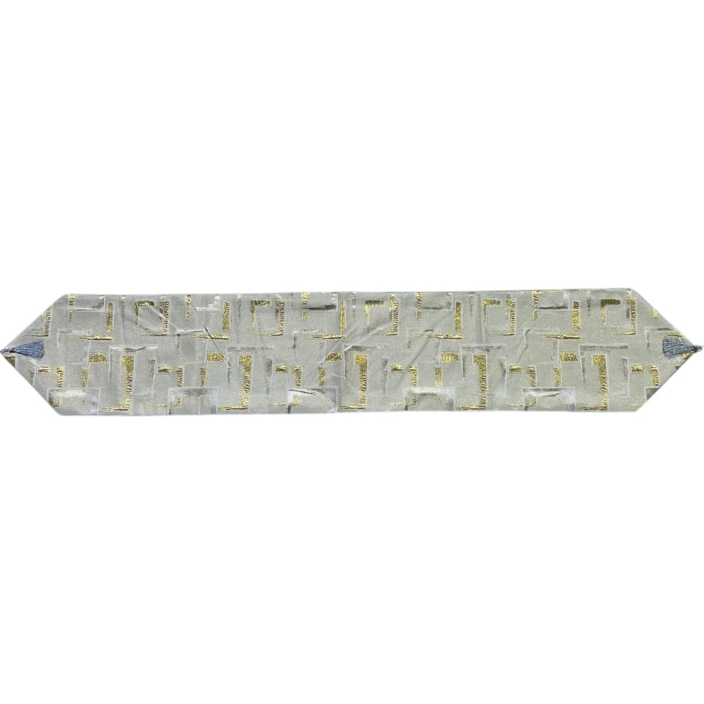 Camino de mesa 33×180 cm gris con diseño geométrico de cuadrados dorados