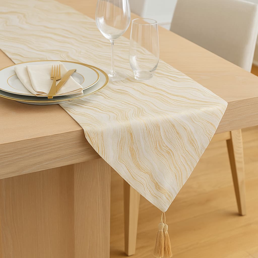 Camino de mesa decorativo con diseño de líneas doradas y borlas en los extremos