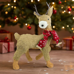 Reno decorativo navideño de pie con bufanda roja y cuernos