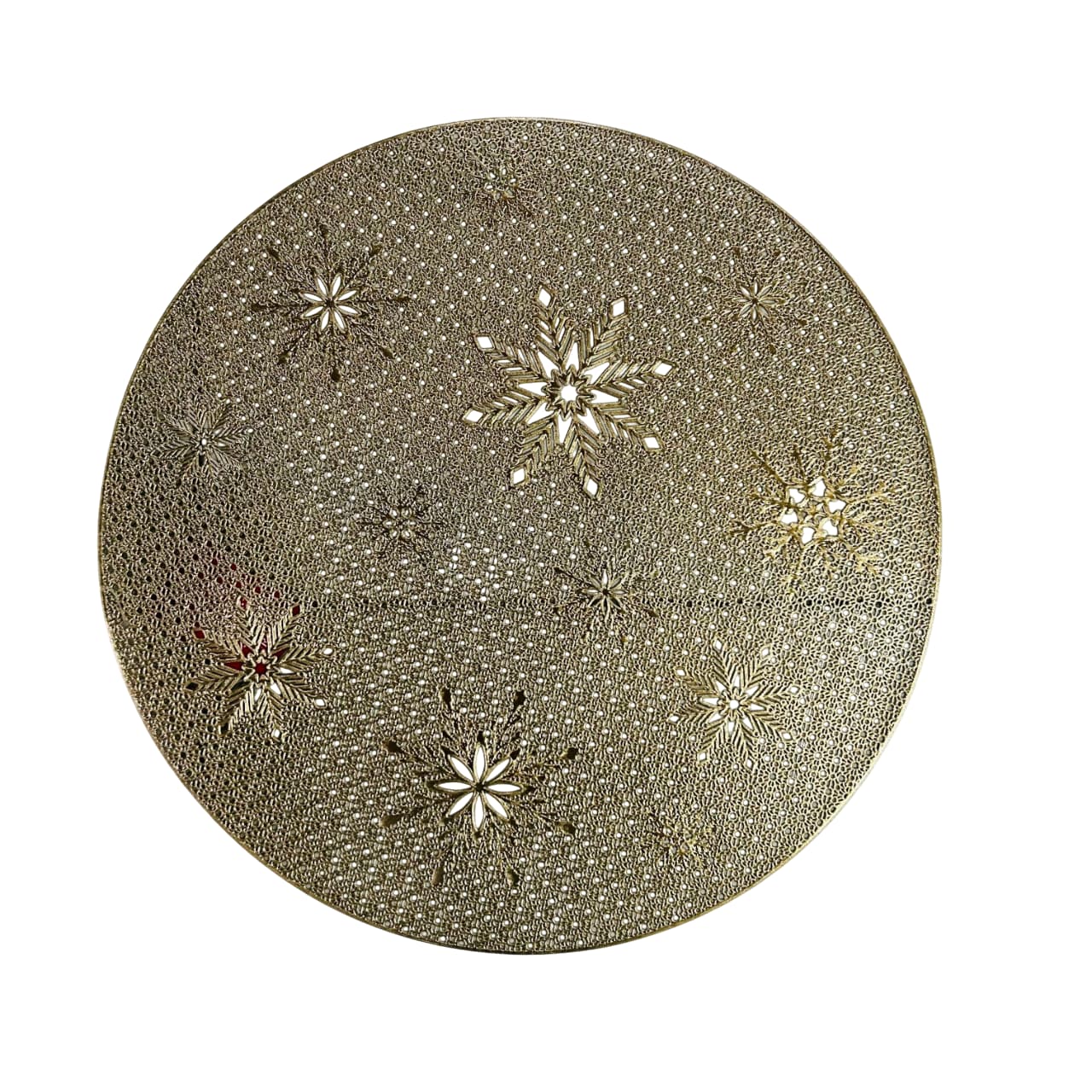 Individual redondo de PVC dorado con copos de nieve calados de 40cm