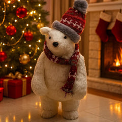 Oso polar decorativo navideño de 38 cm con bufanda y gorro