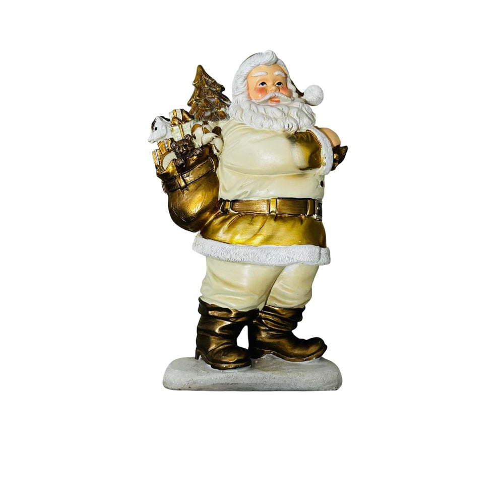 Figura decorativa de Papa Noel de 24 cm con saco de regalos en color blanco y dorado
