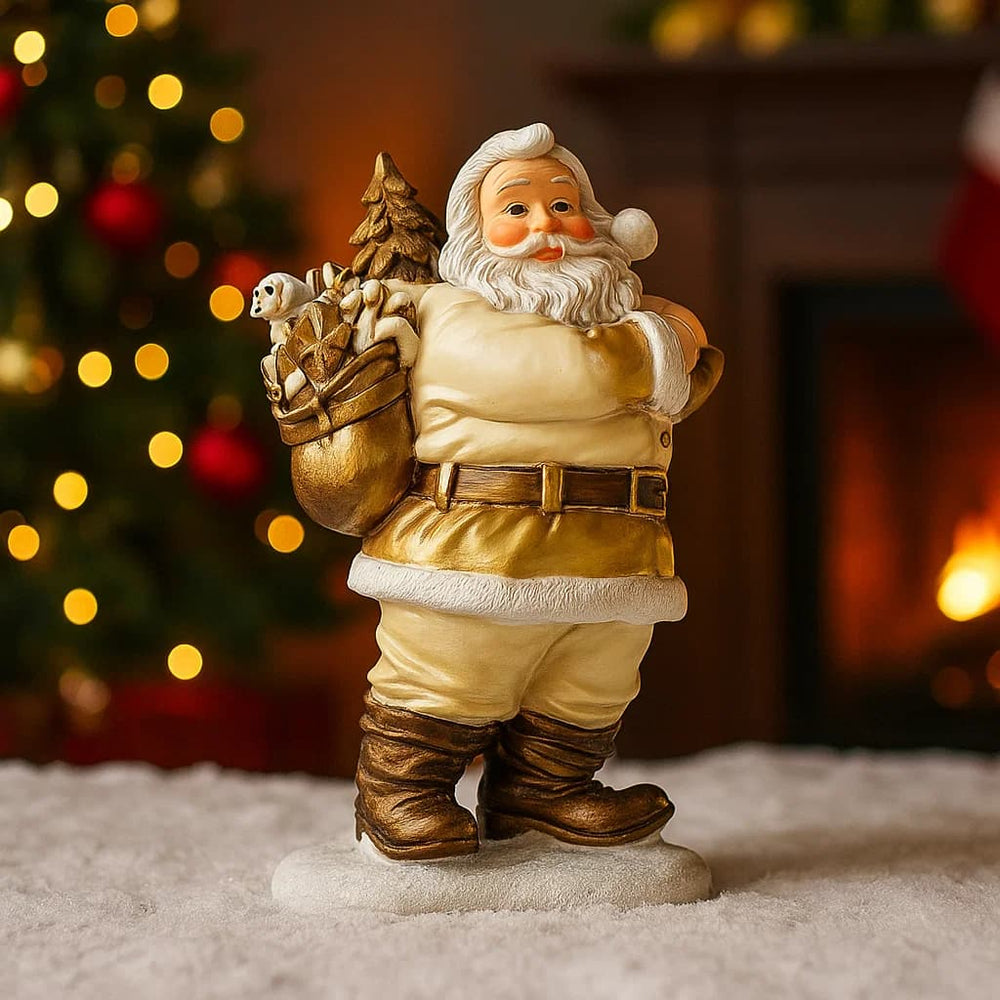 Figura decorativa de Papa Noel de 24 cm con saco de regalos en color blanco y dorado