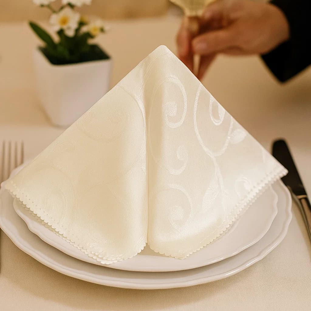 Servilleta en tela color crema con diseño floral en relieve y bordes decorativos