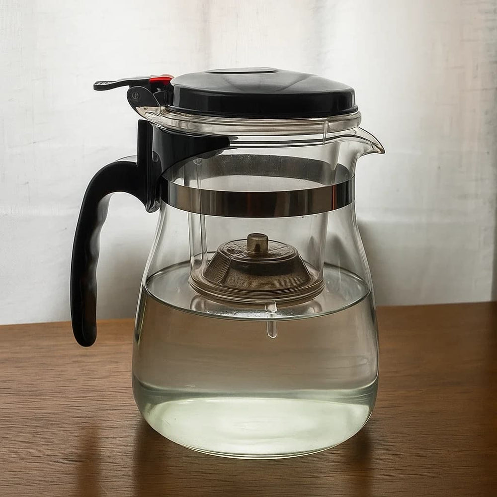 Jarra infusora de vidrio 600ml con tapa negra y filtro de acero inoxidable