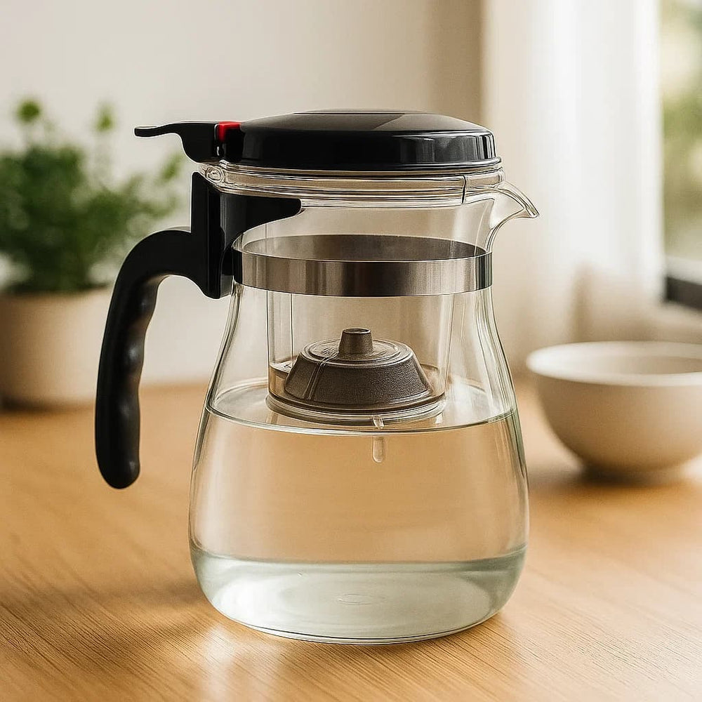 Jarra infusora de vidrio 600ml con tapa negra y filtro de acero inoxidable
