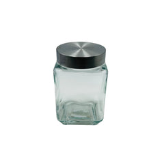 Recipiente de cristal cuadrado liso con tapa metálica plateada