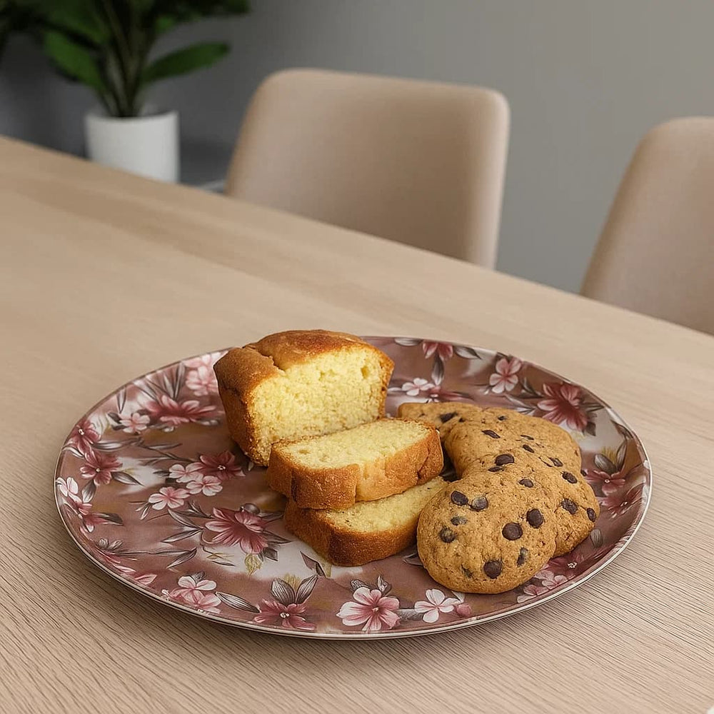 andeja redonda de 35 cm con diseño floral en tonos vinotinto y marrón