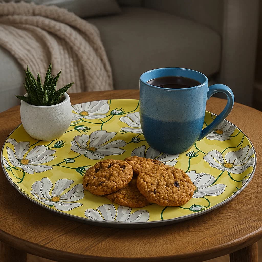 Bandeja redonda de 35 cm con diseño floral sobre fondo amarillo