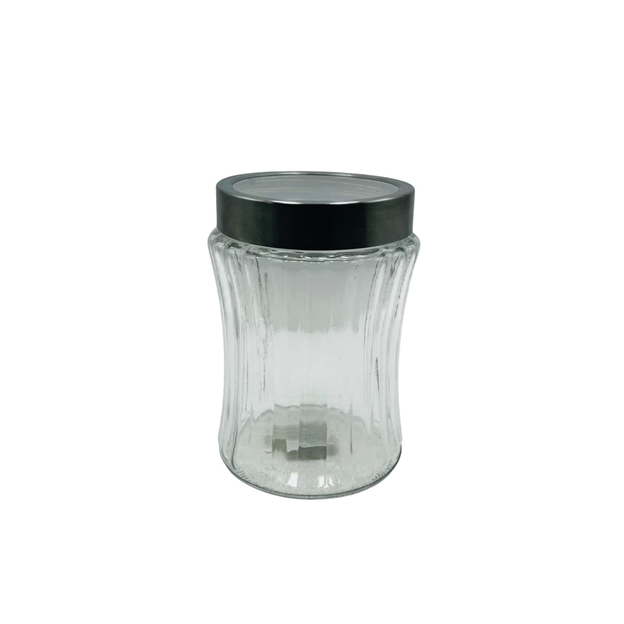 Recipiente de cristal grande con líneas verticales y tapa metálica plateada