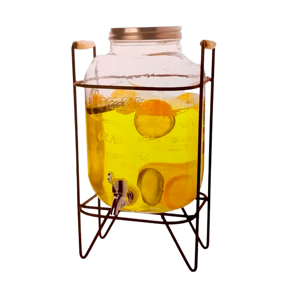 Vista frontal de dispensador frasco con grifo y soporte metálico para bebidas