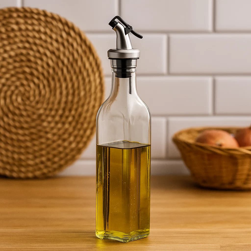 Dispensador de aceite 150ml en vidrio transparente con tapa plateada