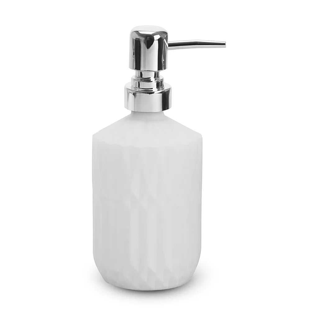 Dispensador para baño en cerámica con diseño geométrico.