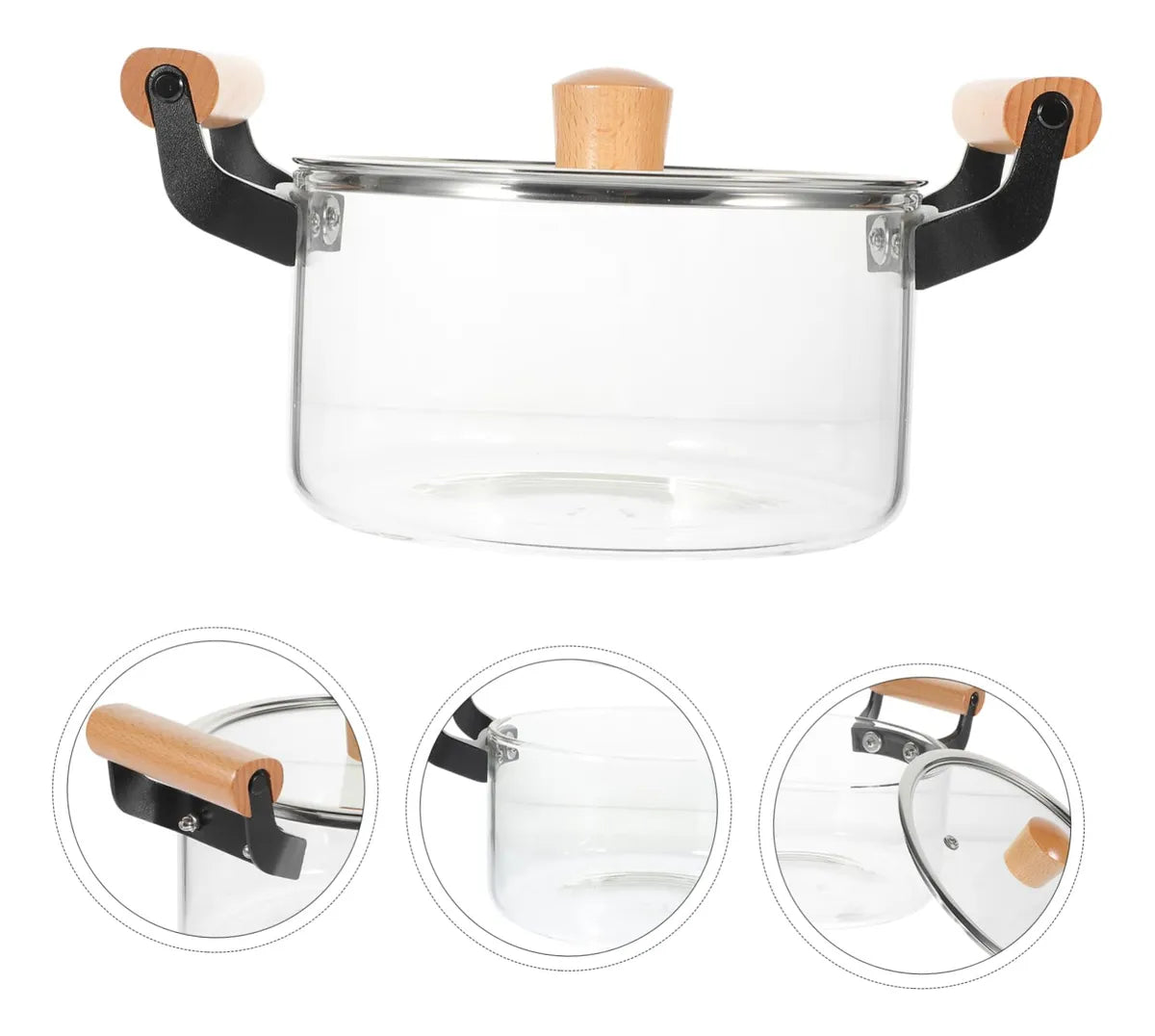 Olla de vidrio transparente de 2.5 L con tapa y mangos de madera natural sobre soporte metálico.