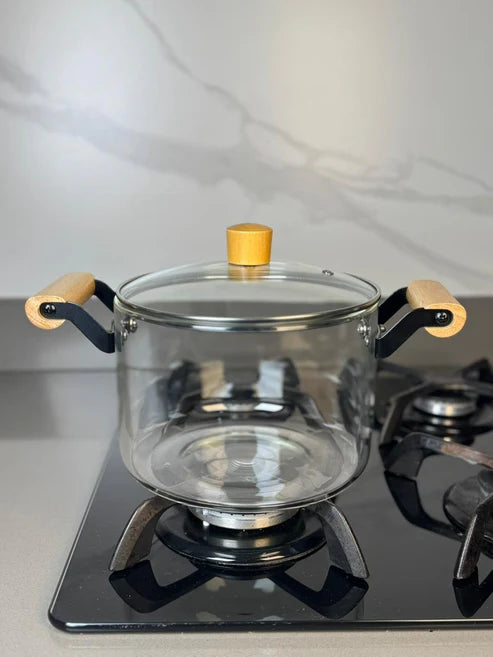 Olla de vidrio transparente 4.5 litros con tapa y mangos de madera Frontal 