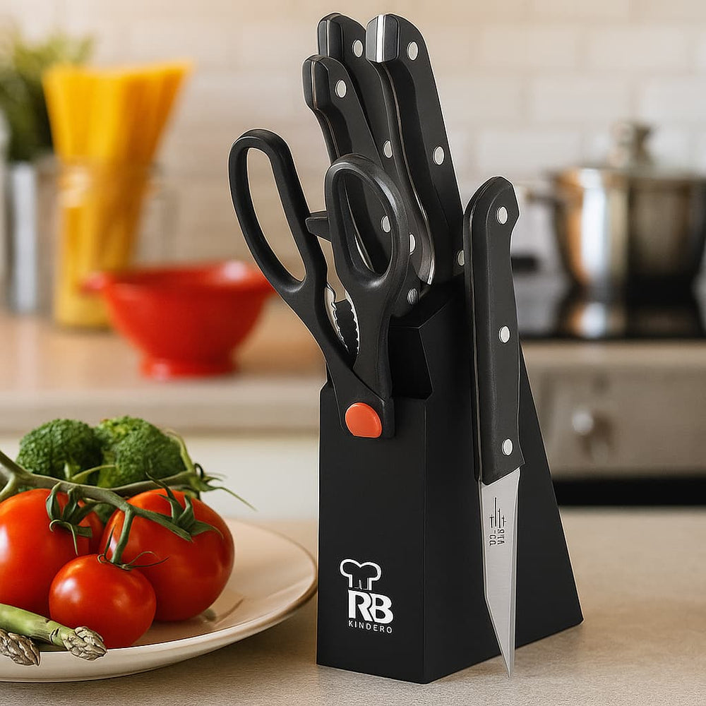 Set de utensilios de cocina con 4 cuchillos, tijeras y soporte negro