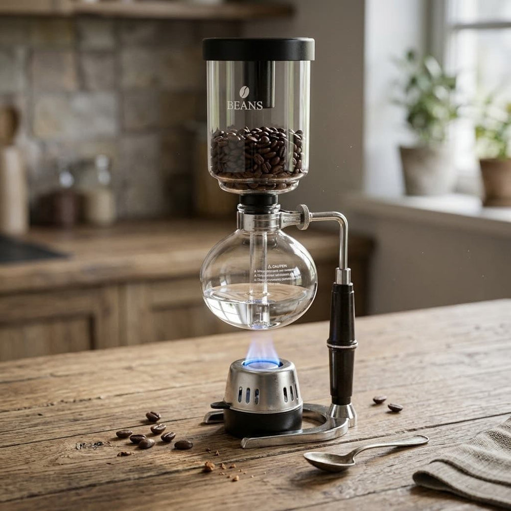 Cafetera japonesa de sifón negra de 500 ml con cámaras de vidrio, soporte, mango y quemador