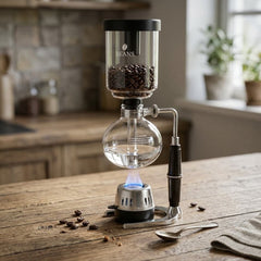 Cafetera japonesa de sifón negra de 500 ml con cámaras de vidrio, soporte, mango y quemador