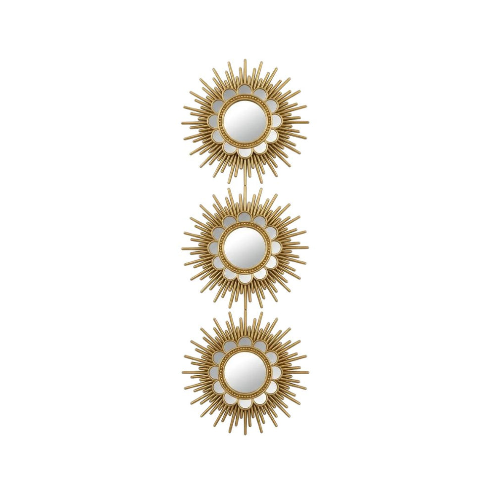 Set de 3 espejos decorativos dorados con diseño de sol redondo.