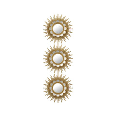 Set de 3 espejos decorativos dorados con diseño de sol redondo.