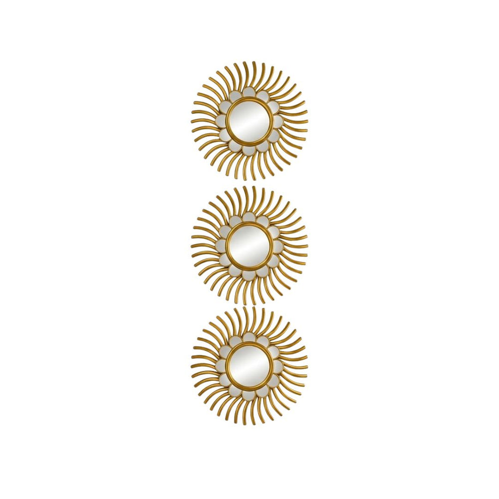 Set de 3 espejos decorativos dorados con diseño de sol y flor.