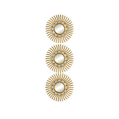 Set de 3 espejos decorativos dorados con diseño de sol y flor.