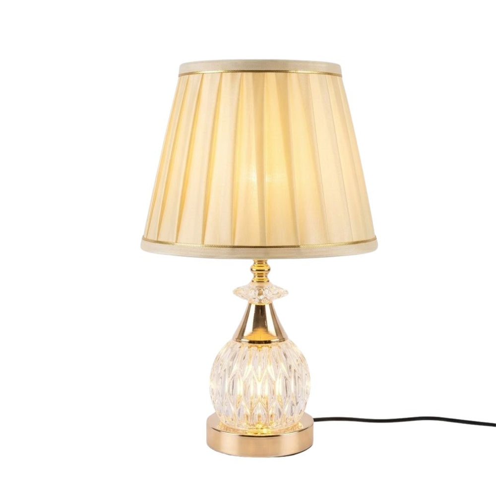 Lámpara de mesa con base de cristal y pantalla beige
