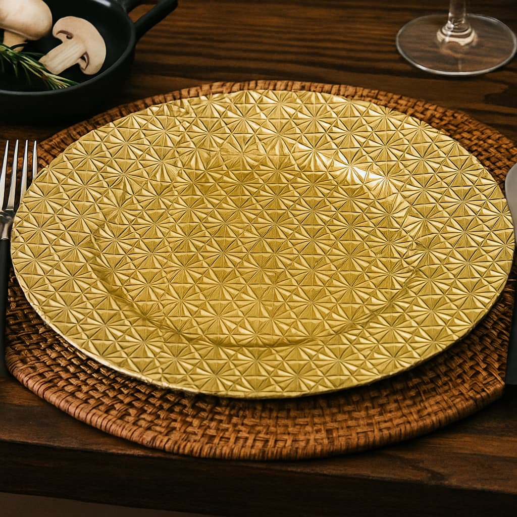 Plato decorativo dorado 33 cm de melamina con diseño de rombos en relieve