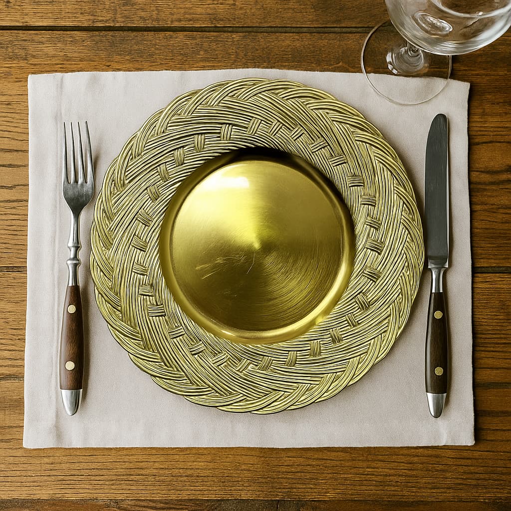 Plato decorativo dorado de melamina con diseño trenzado tipo nudos 33 cm
