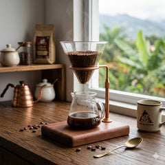 Soporte para filtro de café con base de madera y aro dorado
