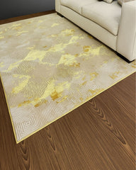 Alfombra rectangular gris con diseño geométrico y detalles dorados 1.20 × 2.17 m