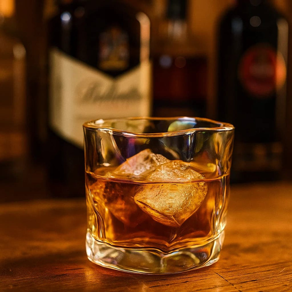Vaso whiskero de vidrio 190 ml color tornasol con diseño ondulado