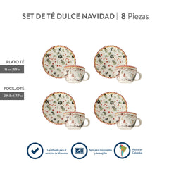 Set de té con diseño festivo de hojas y detalles rojos
