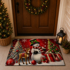 Tapete navideño 50×80 cm con muñeco de nieve, reno y árboles decorados